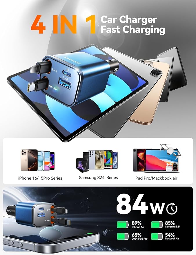 Retractable Car Charger USB C 84W Car Accessories Adapter - Image 3