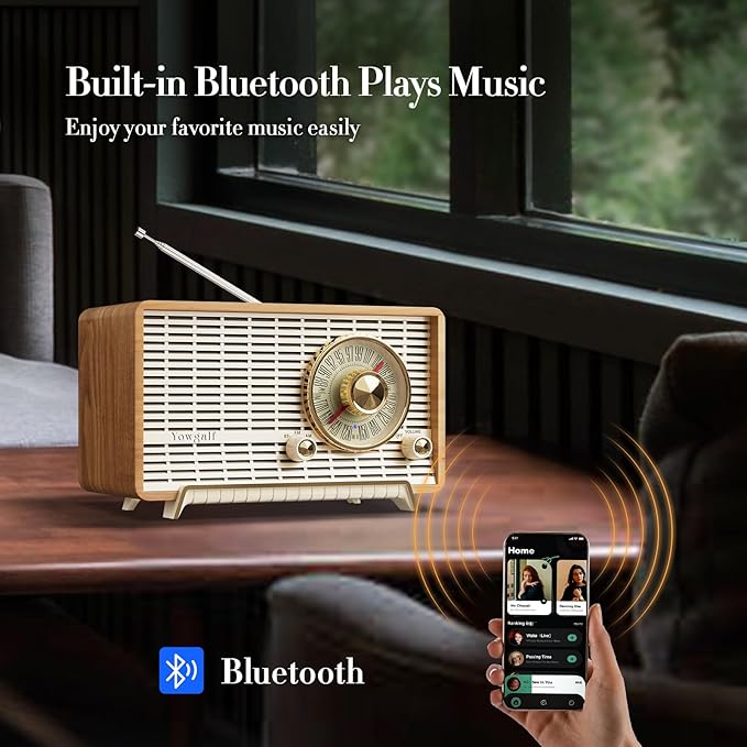 YOWGULF AM FM Radio Classic Retro Wood Table Radio Bluetooth Speakers Radios - Image 2