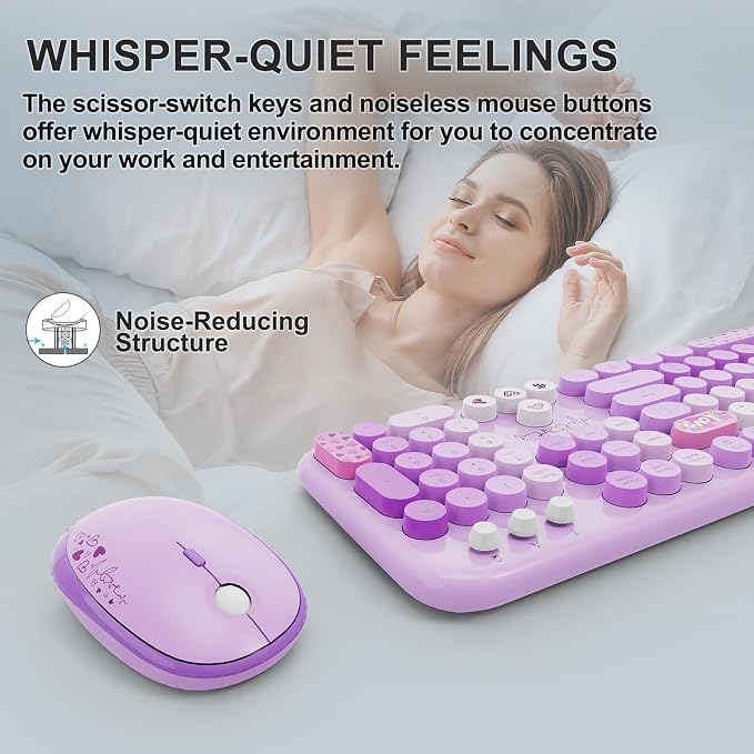 Wireless Keyboard and Mouse Set, 104 Round Keys Full-Size Cute Colorful - Image 7