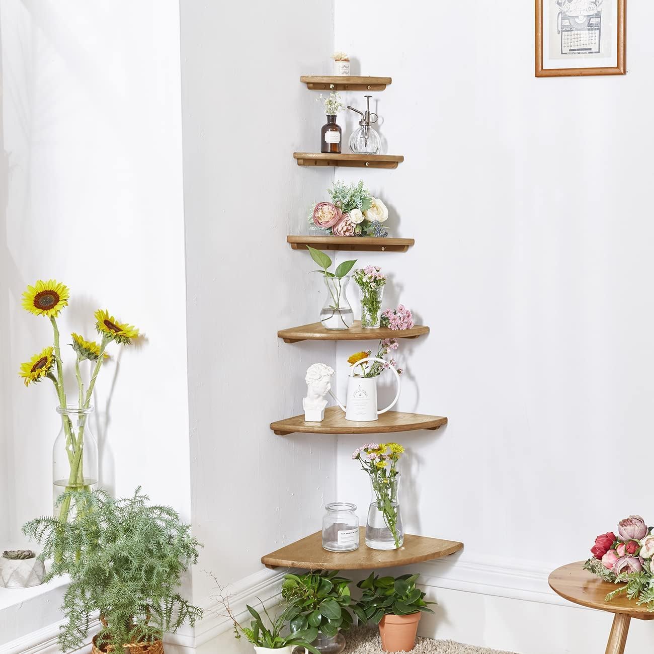 Corner Shelf,16inch Natural Oak Solid Wood Floating Corner Shelves Wall Mount Round End Floating Speaker Rack with Wire Hole for Small Plant for Bedroom Kitchen, Living Room