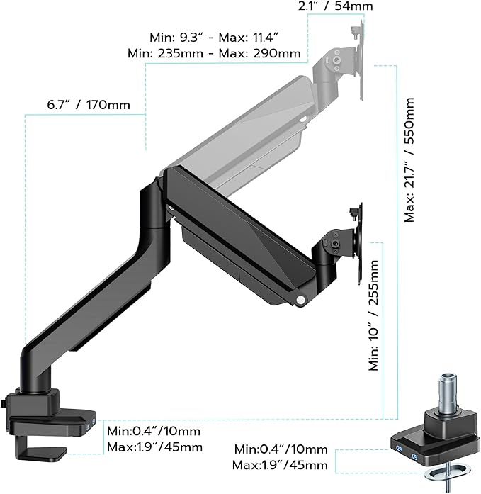 ARES WING Single Monitor Arm, Heavy Duty Adjustable Monitor Arm - Image 2