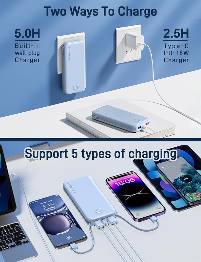 Portable Charger with Built in Cable and AC Wall Plug, USB C Power Bank - Image 5