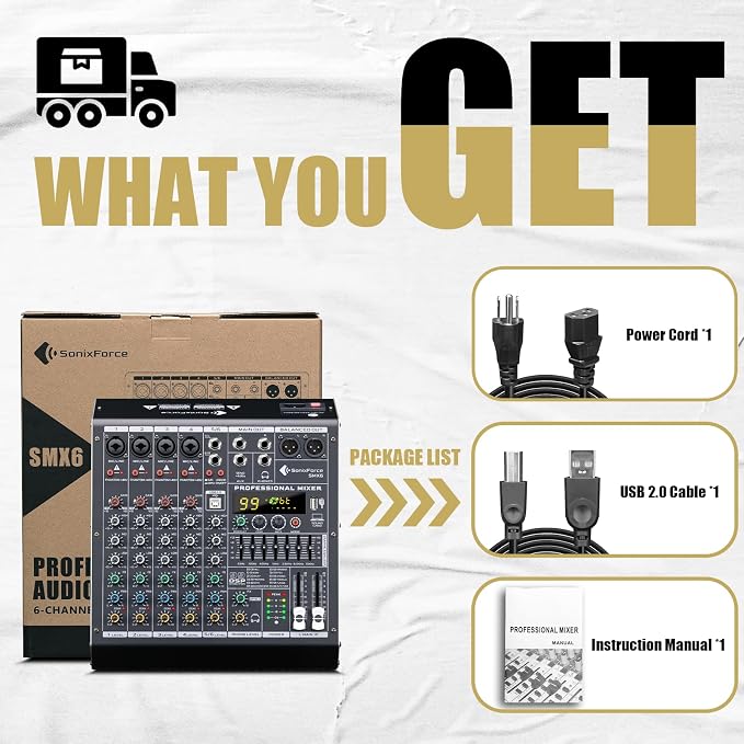 6 Channel Audio Mixer Sound Board Console System 99 DSP DJ Mixer 48V Phantom - Image 7