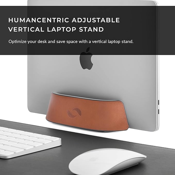 HumanCentric Vertical Laptop Stand in Vegan Cognac Leather, Upright Adjustable - Image 2
