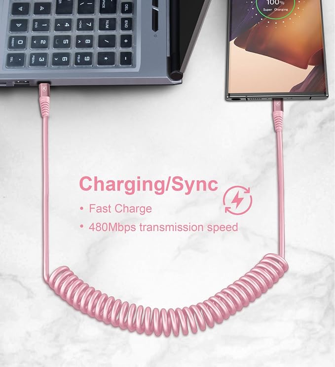 USB C to C Cable 3FT for Car, Coiled USB C Fast Charging Cable for iPhone - Image 6