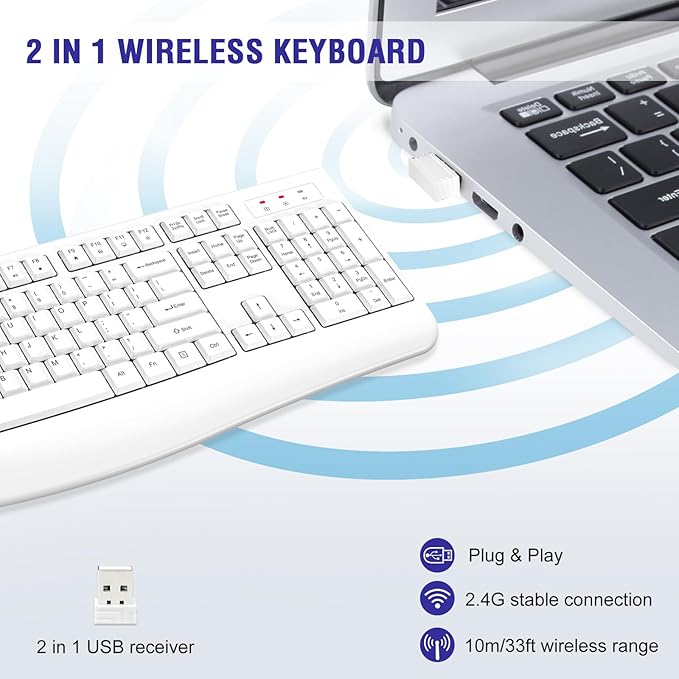 Wireless Keyboard, 2.4G Full-Sized Ergonomic Wireless Computer Keyboard - Image 3