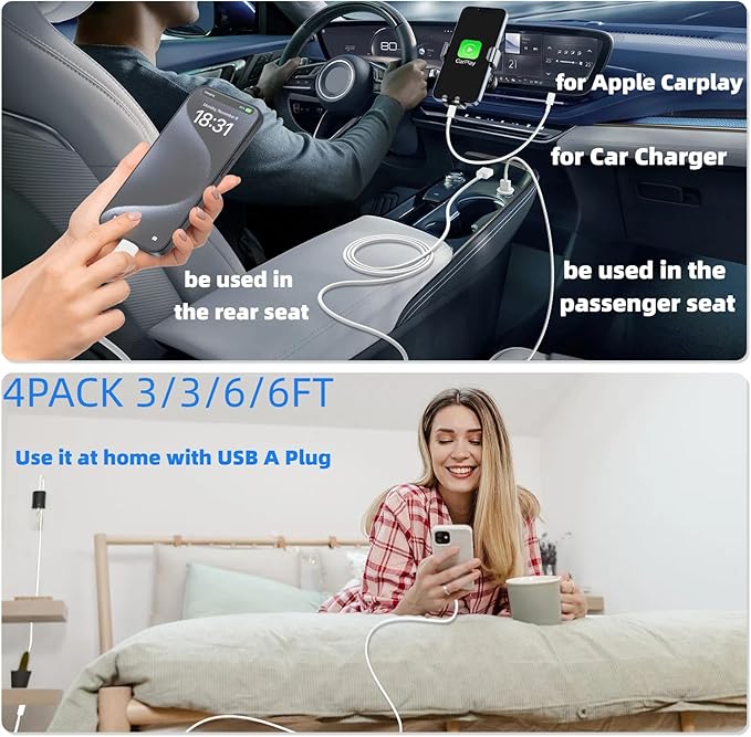 Car Carplay Cable for iPhone 17 16 15 Charger Cord, 3/3/6/6FT USB A to USB C - Image 3