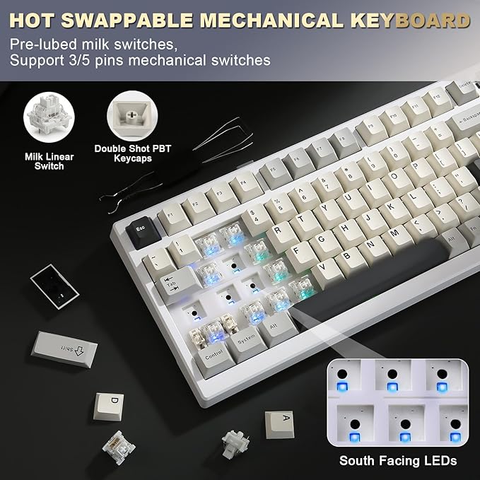 YUNZII YZ98 Gasket Mechanical Keyboard, 99 Key Hot Swappable BT5.0/2.4G/USB-C - Image 3