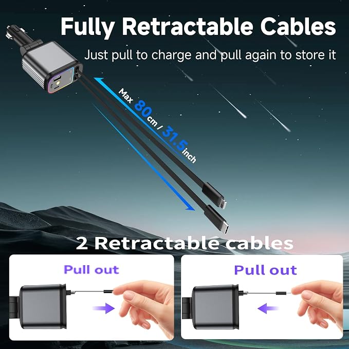 Fast Car Charger with Starlight, 4 in 1 Retractable Car Charger, 69W USB C - Image 4