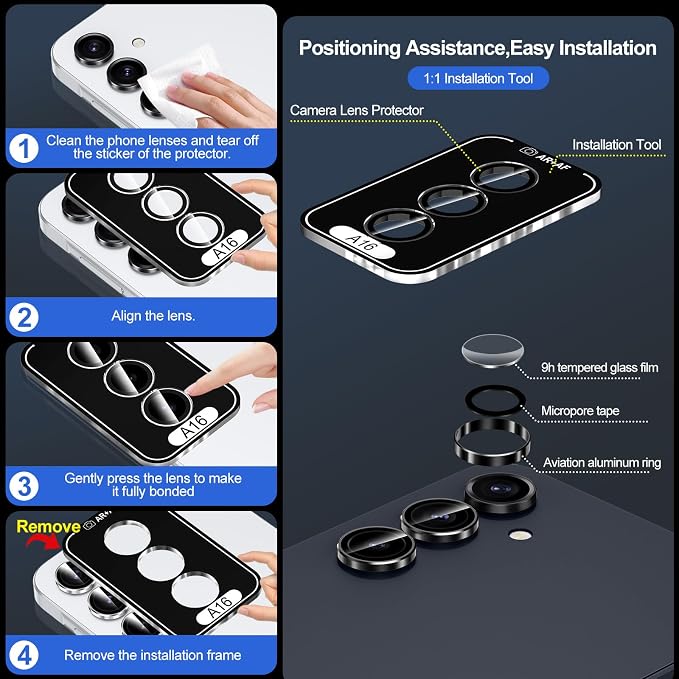 for Samsung Galaxy A16 Camera Lens Protector, Individual Metal Ring Tempered - Image 6