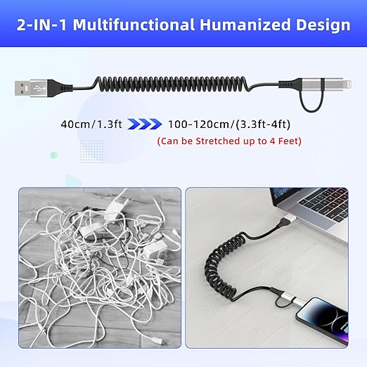 USB to USB-C and Lightning Cable 2 in 1 Coiled Cable Support Aple Carplay & - Image 7
