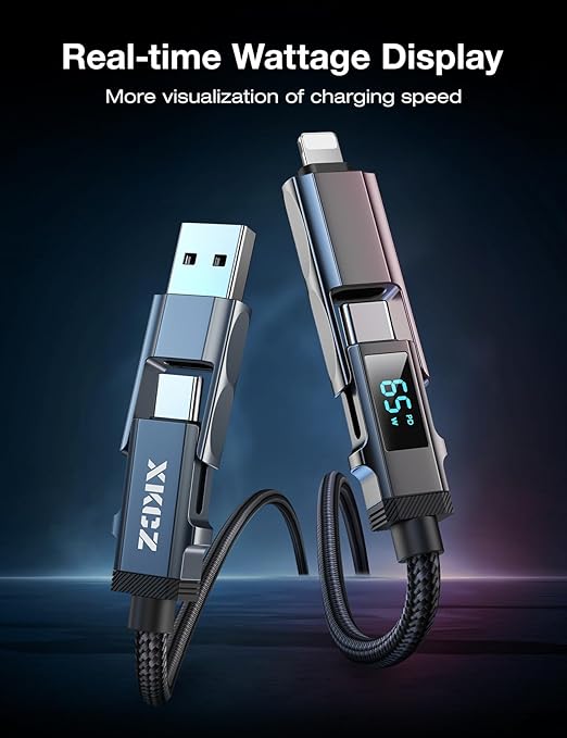 4 in 1 USB C Cable with Wattage Display, 65W Round Nylon Braided Multi Charging - Image 3