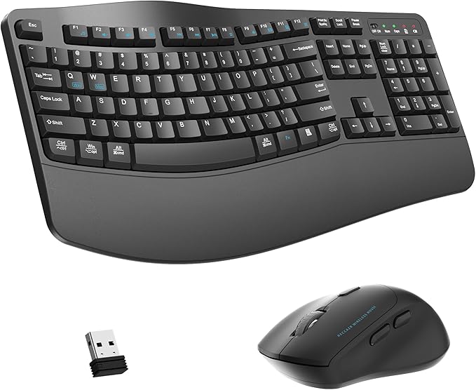 Wireless Keyboard and Mouse Combo, 2.4G Full Size Wave Keys Ergonomic Keyboard by RECCAZR