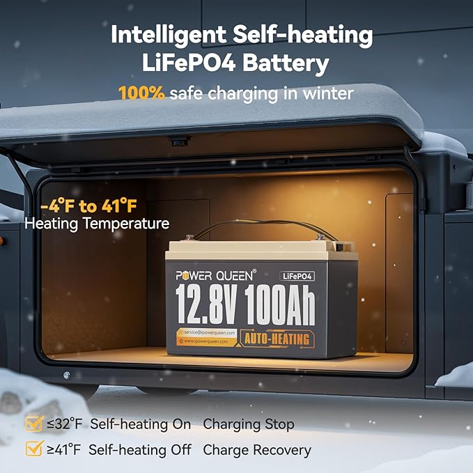 Power Queen Upgraded 12.8V 100Ah Auto-Heating Lithium Battery, Built-in 100A BMS - Image 2
