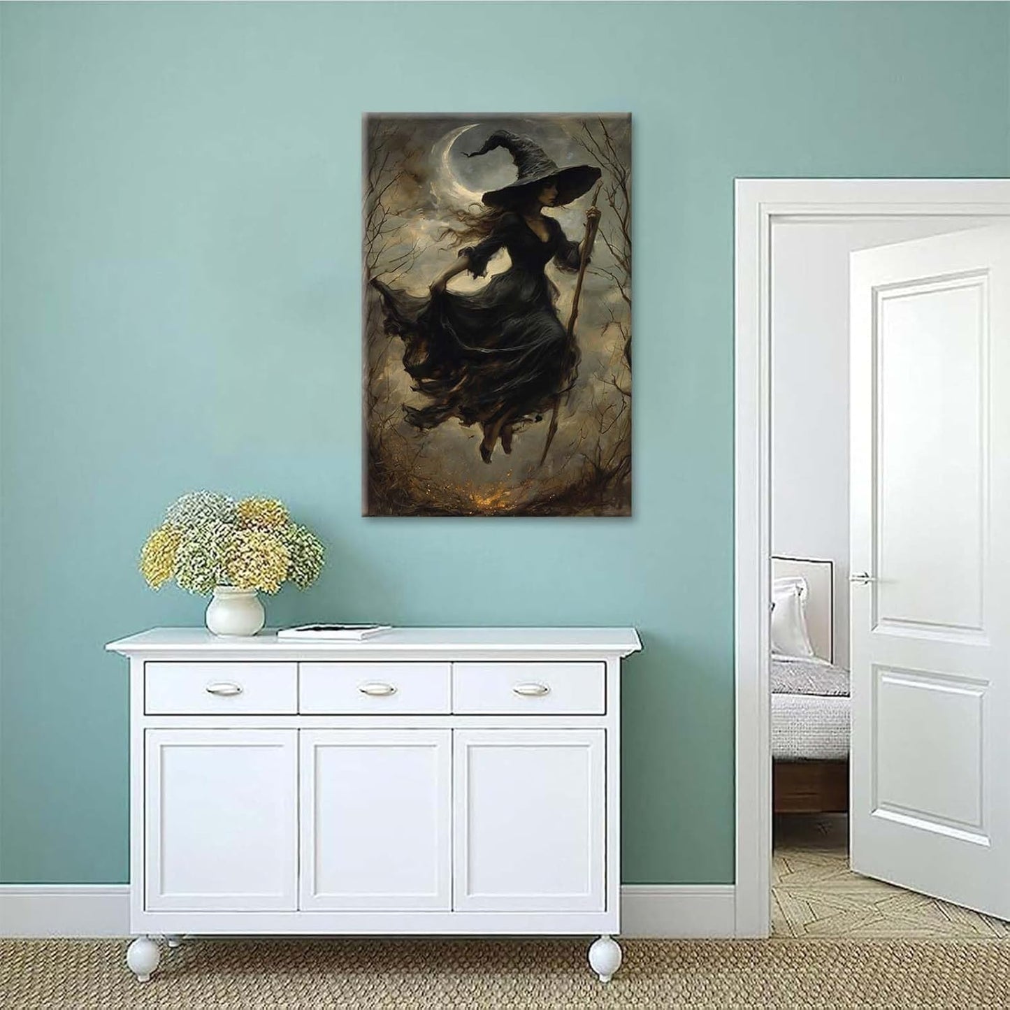 JFHCQJPK Witch in the Forest Halloween Print Wall Art Poster Witch Decor Vintage Print Dark College Wall Art Victorian Gothic Room Decor Canvas Wall Print8x12in Frameless