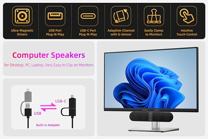 Computer Speakers for Desktop PC Monitor, USB Plug-in, Computer Soundbar for PC - Image 2