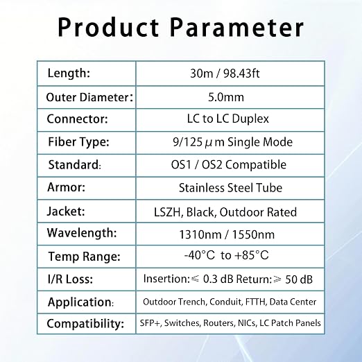 30M/100FT LC to LC Armored Outdoor Fiber Optic Cable, Single Mode Duplex - Image 6