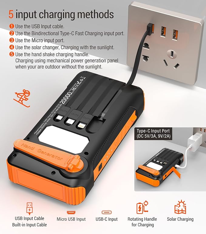 Solar Power Bank 20000mAh Built in Hand Crank and 4 Cables 22.5W Fast Charge - Image 7