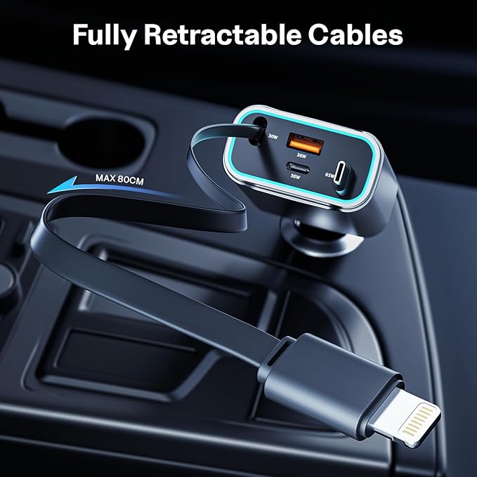Retractable Car Charger USB C 131W 4-in-1 Fast Charging - Image 3
