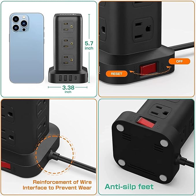 Extension Cord with Multiple Outlets, Surge Protector Power Strip Tower - Image 5