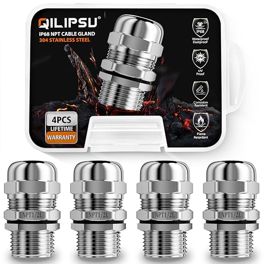 QILIPSU 4pcs 1/2" NPT 304 Stainless Steel Cable Gland Long Thread Waterproof by QILIPSU
