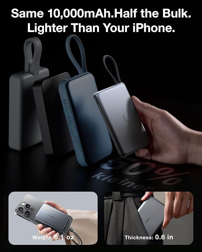 TORRAS Power Bank with Built-in USB-C Cable, Ultra-Slim 10, 000mAh Portable - Image 5