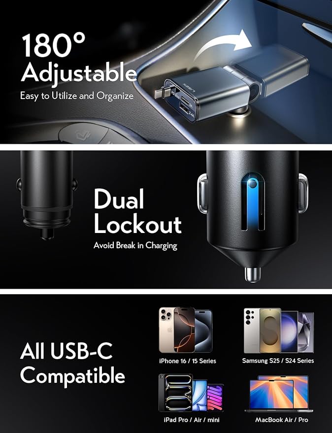 LISEN Car Charger USB C Fast Charging Retractable, 【75% Less, Ultra Mini】 57W - Image 6
