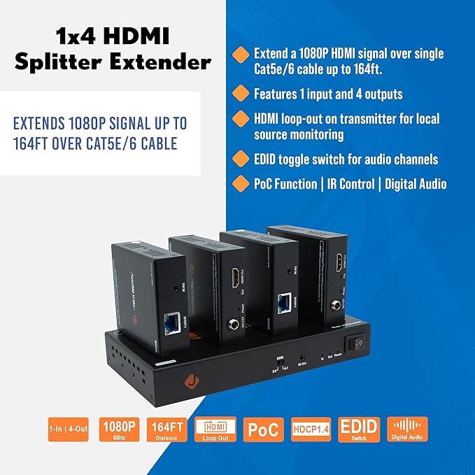 J-Tech Digital HDMI Extender Splitter 1x4 Over Single Cat5e/6 Ethernet Cable Up - Image 2