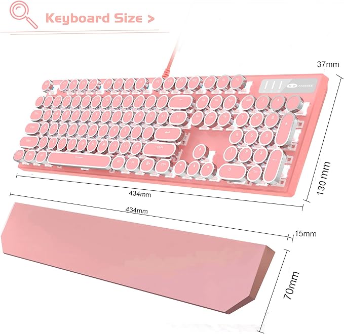 MageGee Typewriter Mechanical Gaming Keyboard, Retro Punk Pink Round Keycaps - Image 8