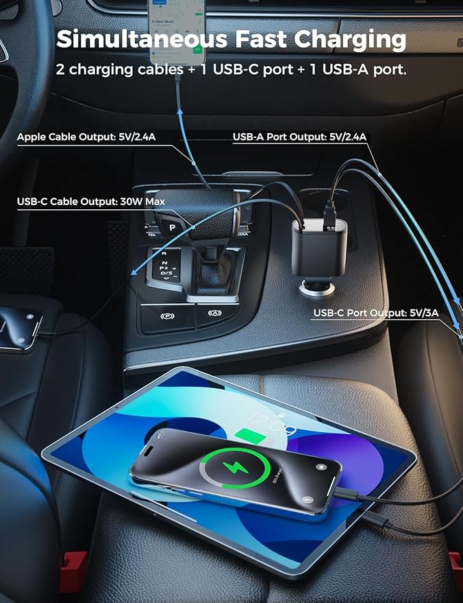 【Upgraded】 SUPERONE Retractable Car Charger 4 in 1, Fast Car Phone Charger - Image 5