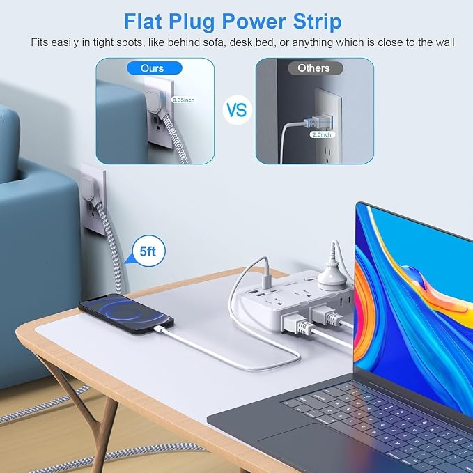 Surge Protector Power Strip 5 Ft Cord, Ultra Thin Flat Extension Cord - Image 7