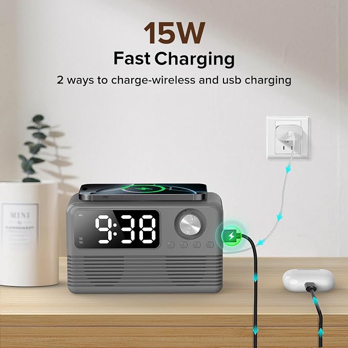 15W Fast Wireless Charger with Bluetooth Speaker and Alarm Clock Radio - Image 3