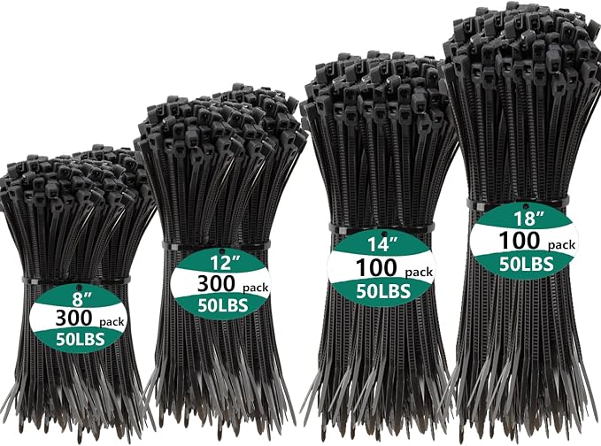 800 PCS Black Zip Ties Assorted Sizes 8+12+14+18 Inch Self-locking Nylon Cable by MasiStranth