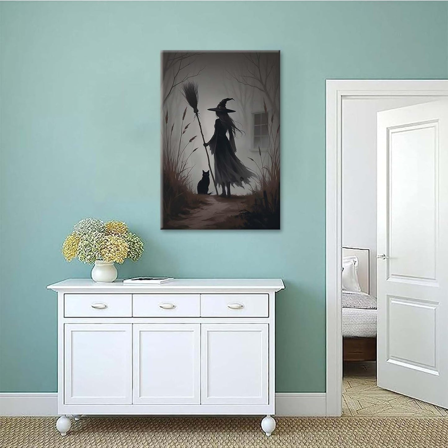 JFHCQJPK Vintage forest witch and black cat poster Halloween mural poster decoration mural art magic suitable for home living room bedroom20x30in Frameless