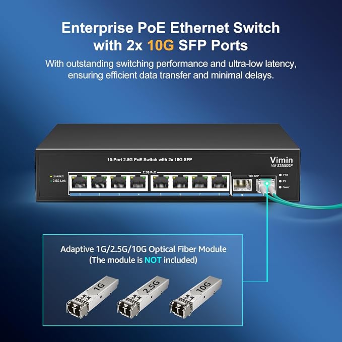 8 Port 2.5G PoE Switch Unmanaged, VIMIN 10x 2.5G Base-T PoE Switch, 2X 10G SFP - Image 5