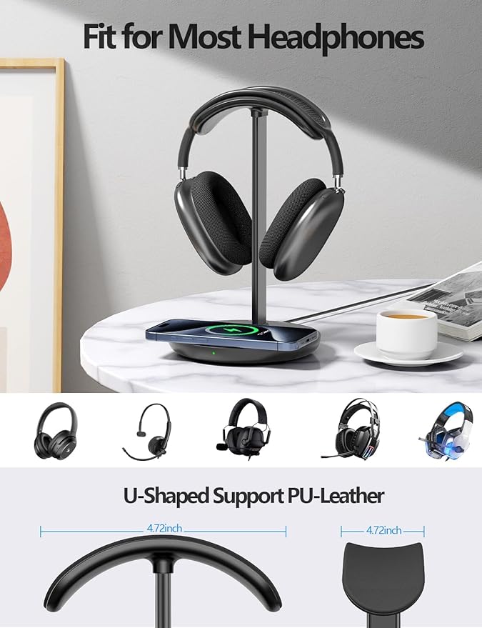 Miroddi Headphone Stand with Wireless Charger, Independent USB Charging Port - Image 2