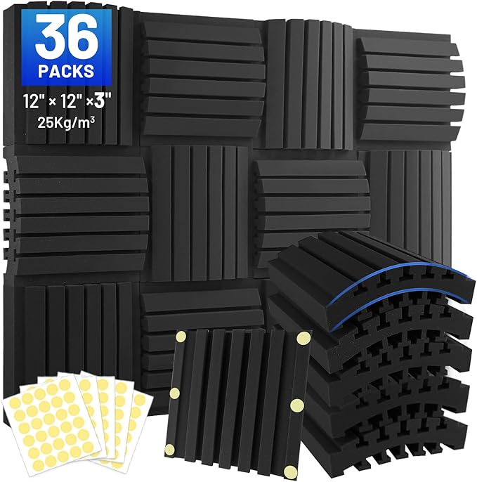 Focusound 36 Pack Curved Acoustic Foam Panels 3" x 12" x 12" Sound Proof Foam by Focusound