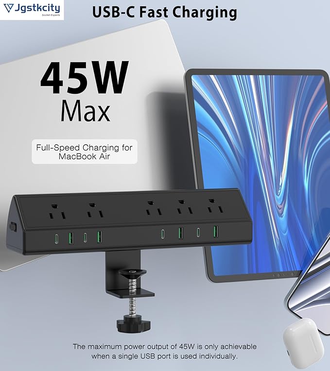45W Fast Charging Station, Desk Clamp Power Strip, 4 PD USB-C Ports, 5 AC - Image 3