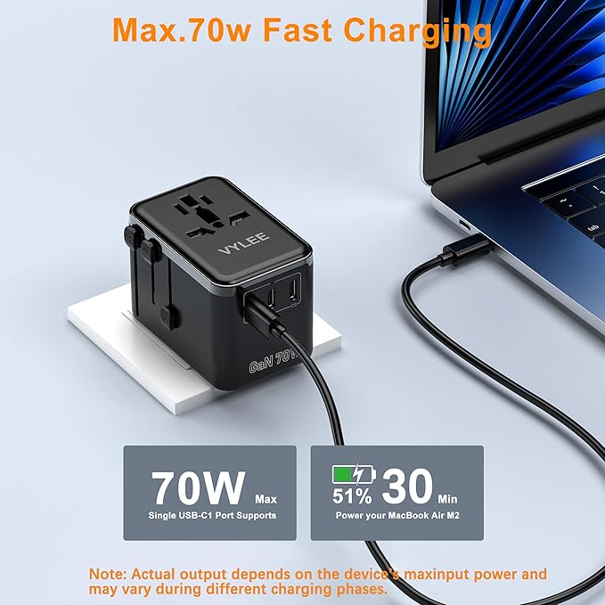 VYLEE 70W GaN International Travel Adapter, Universal Power Adapter - Image 3