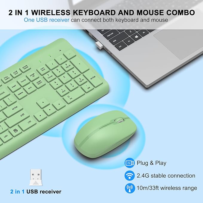 Wireless Keyboard and Mouse Combo, Full-Size Silent Ergonomic Keyboard and - Image 2
