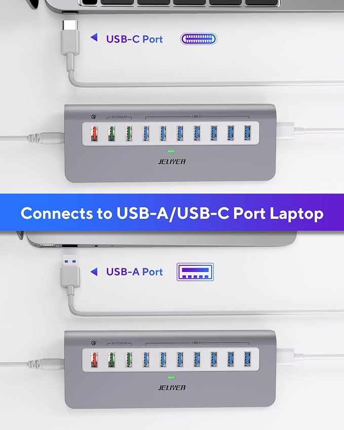 Powered USB Hub 10Gbps, 10 Ports USB 3.1 Gen 2 Hub Power Multiport USB Splitter - Image 5