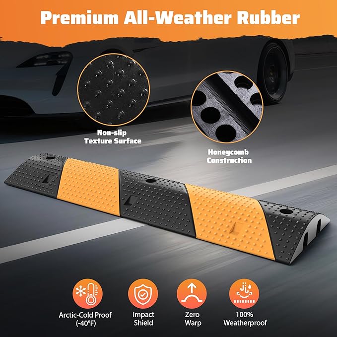 Rengue Rubber Speed Bumps 2-Pack 39.3'' Black Yellow Dual-Channel Driveway - Image 4