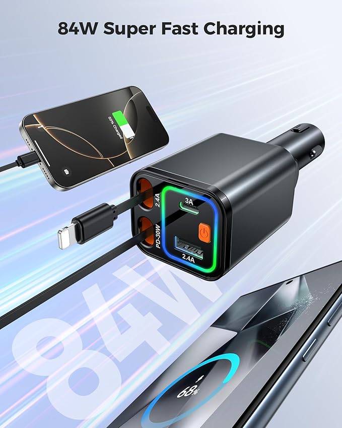 Retractable Car Charger 84W, 4-in-1 Fast Car Charger - Image 5