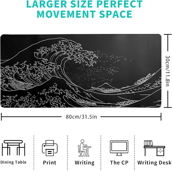 Japanese Gaming Mouse Pad Abstract Black Mouse Pad 31.5x11.8 Inch Black Sea - Image 2