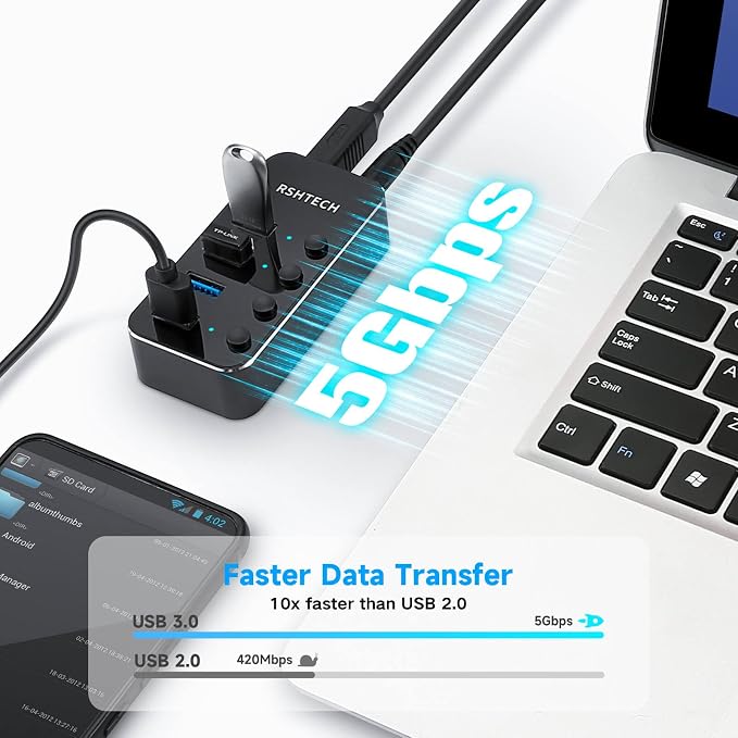 USB 3.0 Hub RSHTECH 4 Port Powered USB 3.0/USB C Hub Upgraded Version - Image 3