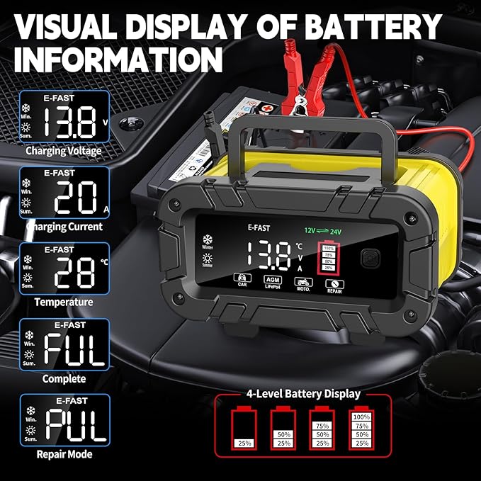 E-FAST 20A Smart Car Battery Charger, 12V 24V Maintainer & Desulfator - Image 4