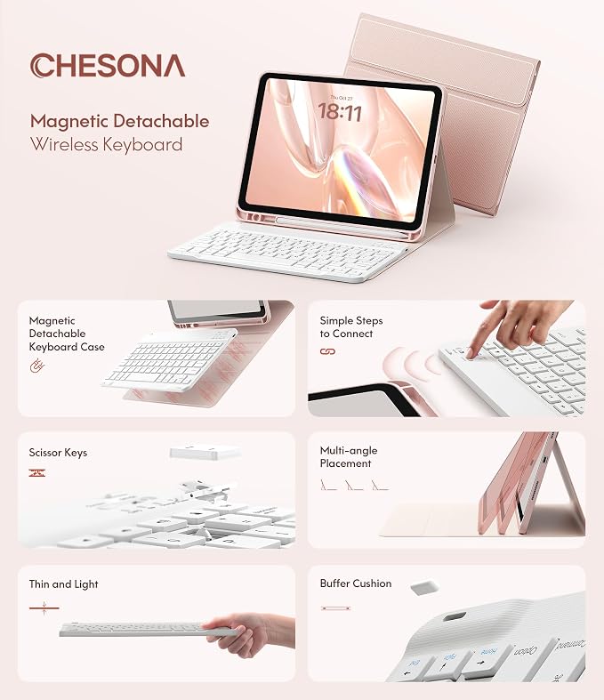 CHESONA Keyboard Case for iPad 11th/10th Generation, Detachable Wireless - Image 3