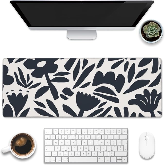 Desk Pad, Hand Drawn Leaves and Flowers Desk Mat, Abstract Plant Large Gaming by Eflxamz