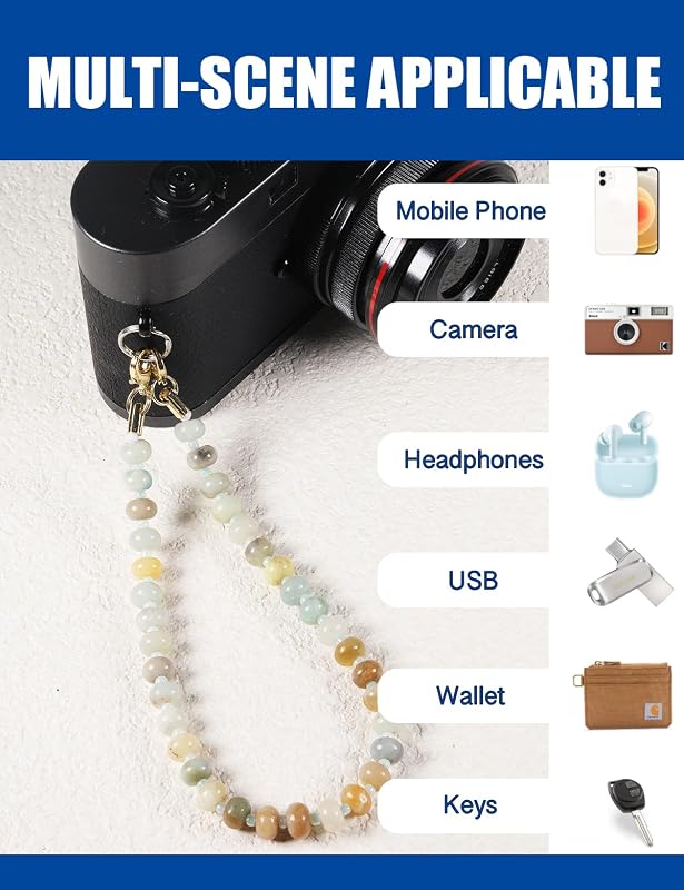 Handmade Natural Gemstone Gold Beaded Charm Cell Phone Camera Lanyard, Wrist - Image 5