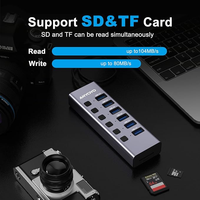 Powered USB Hub with TF/SD Card Reader, 8-Port USB 3.0 Hub with 6 USB 3.0 Data - Image 3